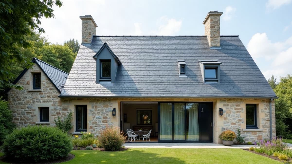 Maison en pierre au toit d'ardoise naturelle refait, lucarnes et faîtage neufs