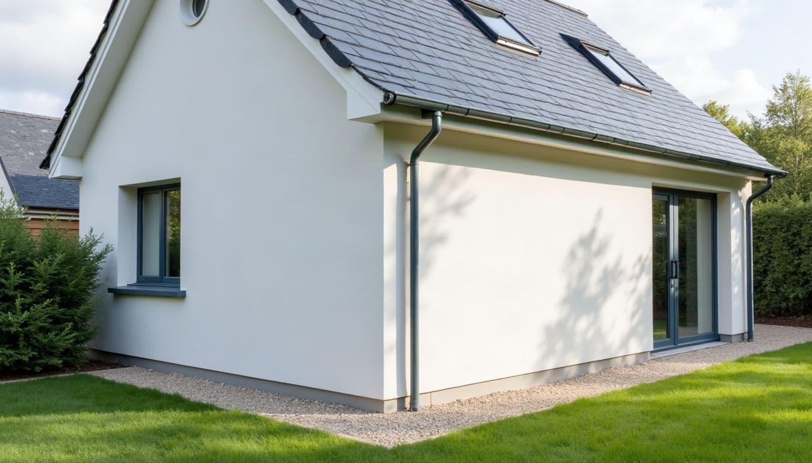 Angle d'une maison enduite blanche au toit d'ardoise, gouttière et descentes neuves grises jusqu'à une bande de gravier