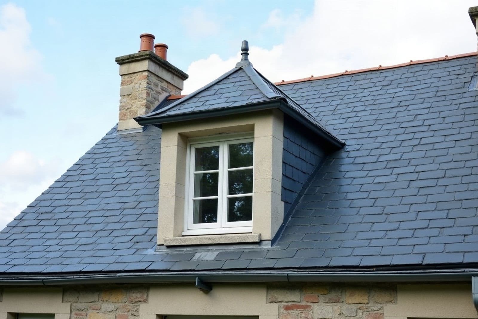 Lucarne en pierre à fenêtre blanche coiffée d'ardoise neuve et d'un épi, au milieu d'un versant en ardoise refait