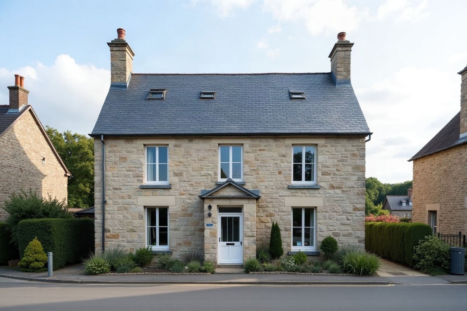 Maison en pierre claire à deux étages coiffée d'une toiture en ardoise naturelle neuve, deux souches de cheminée en pierre
