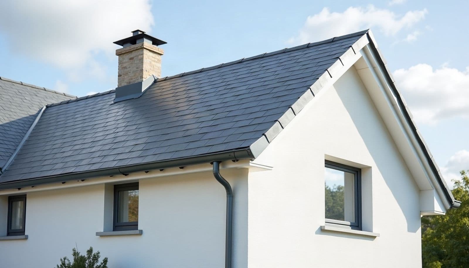 Maison enduite de blanc sous un toit d'ardoise neuf, gouttière demi-ronde gris anthracite le long de l'égout et descente qui tombe verticalement le long du mur