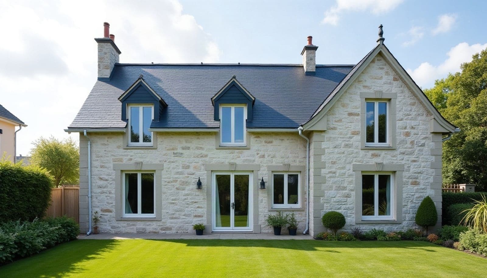Maison en pierre claire à deux niveaux, toiture neuve en ardoise naturelle bleu-gris avec deux lucarnes et deux souches de cheminée, vue depuis une pelouse tondue
