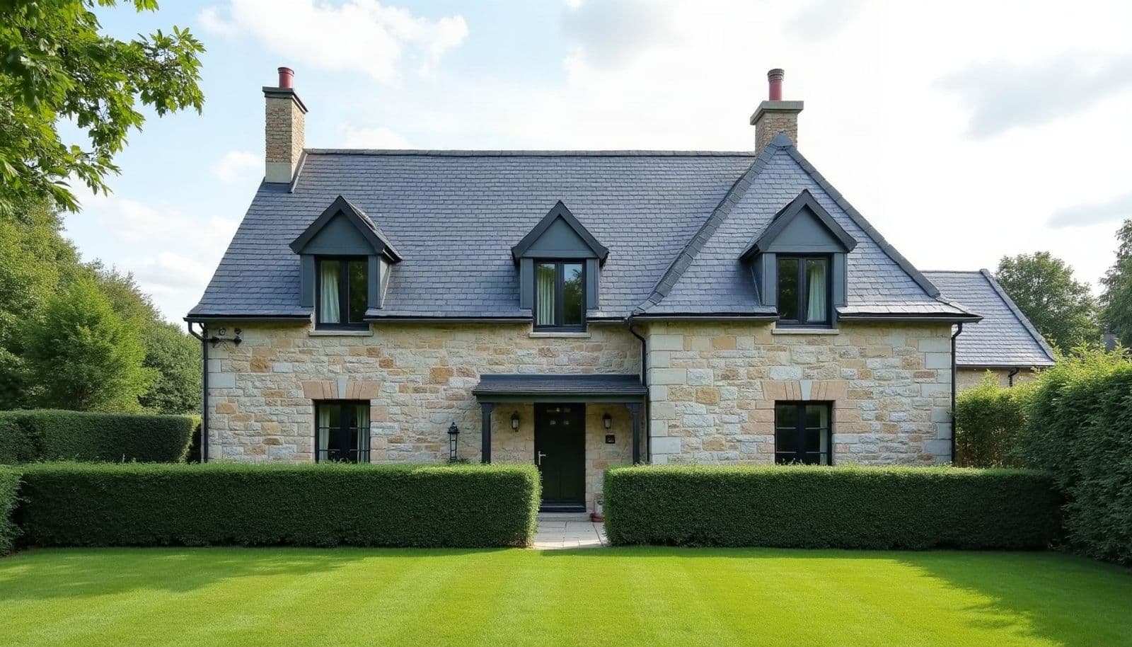Maison en pierre claire au toit d'ardoise neuf, trois lucarnes et deux cheminées, derrière une haie taillée et une pelouse