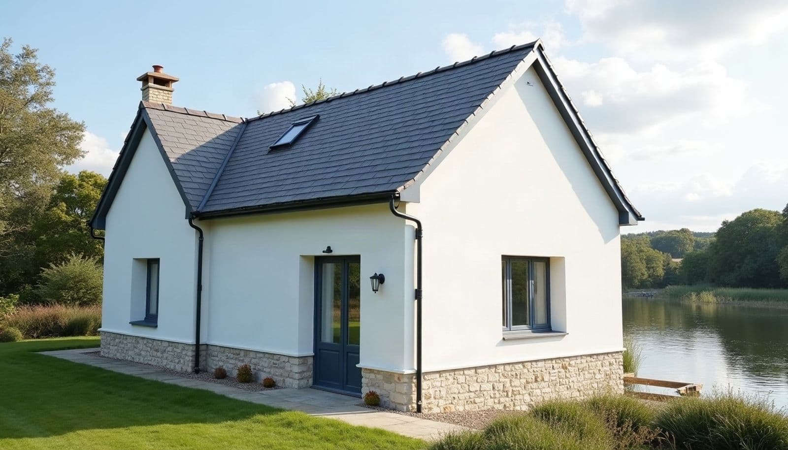 Maison enduite de blanc sur un soubassement de pierre, toit d'ardoise neuf avec une fenêtre de toit, gouttières et descentes sombres jusqu'au sol, rivière calme à droite