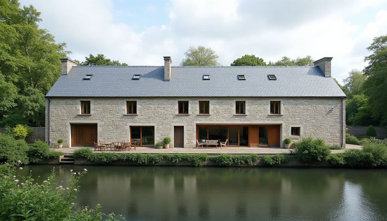 Ancien moulin en pierre devenu maison au bord d'une rivière calme, sous un long toit d'ardoise neuf percé de cinq fenêtres de toit, avec trois souches de cheminée