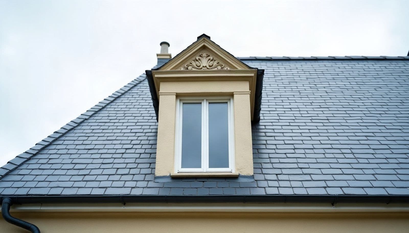 Lucarne en pierre claire à fronton sculpté et fenêtre blanche à deux vantaux, au milieu d'un versant d'ardoise neuve aux rangs droits, gouttière sombre le long de l'égout