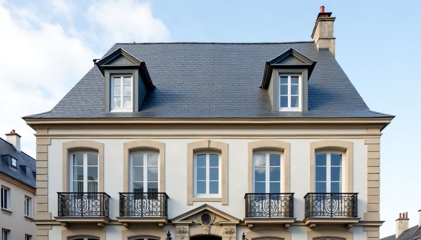 Maison de ville à façade claire, encadrements de pierre et balcons en fer forgé, sous un toit d'ardoise neuf à deux lucarnes