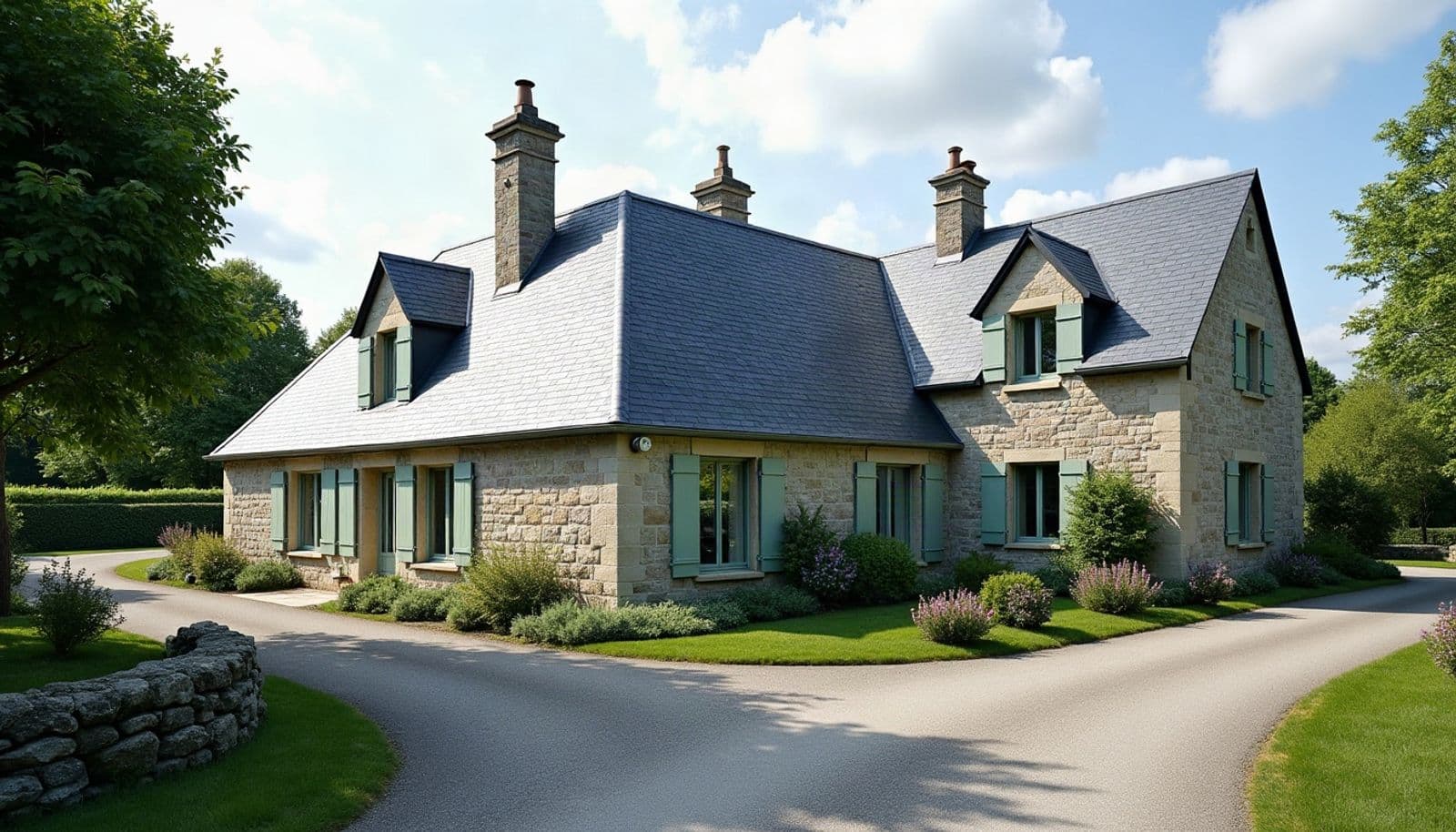 Maison de pierre et son ancienne grange sous des toits d'ardoise neufs, volets vert sauge, muret de pierre sèche et massifs fleuris