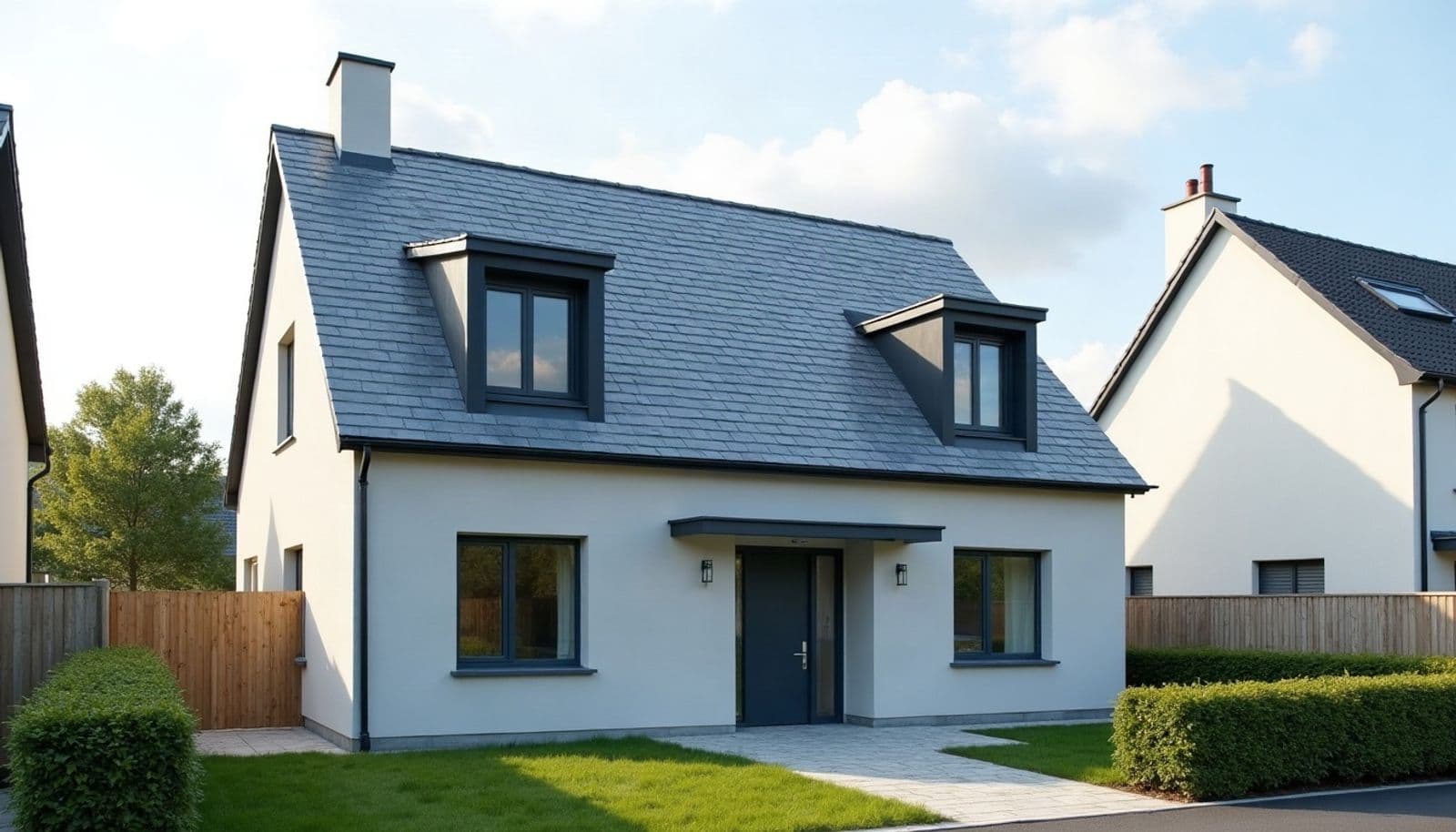 Pavillon récent enduit de gris clair, toit d'ardoise neuf avec deux lucarnes à cadre sombre, pelouse et haie taillée devant l'entrée