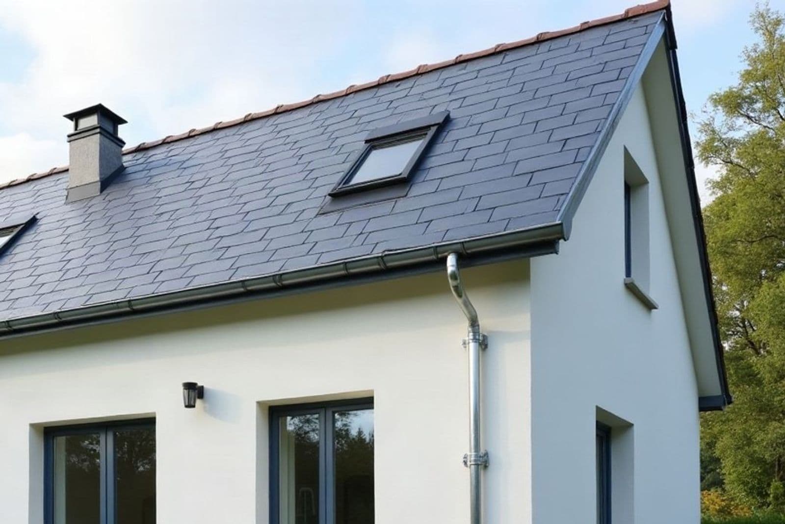 Maison enduite blanche au toit d'ardoise neuf avec fenêtre de toit, gouttière et descente en zinc, arbres en arrière-plan