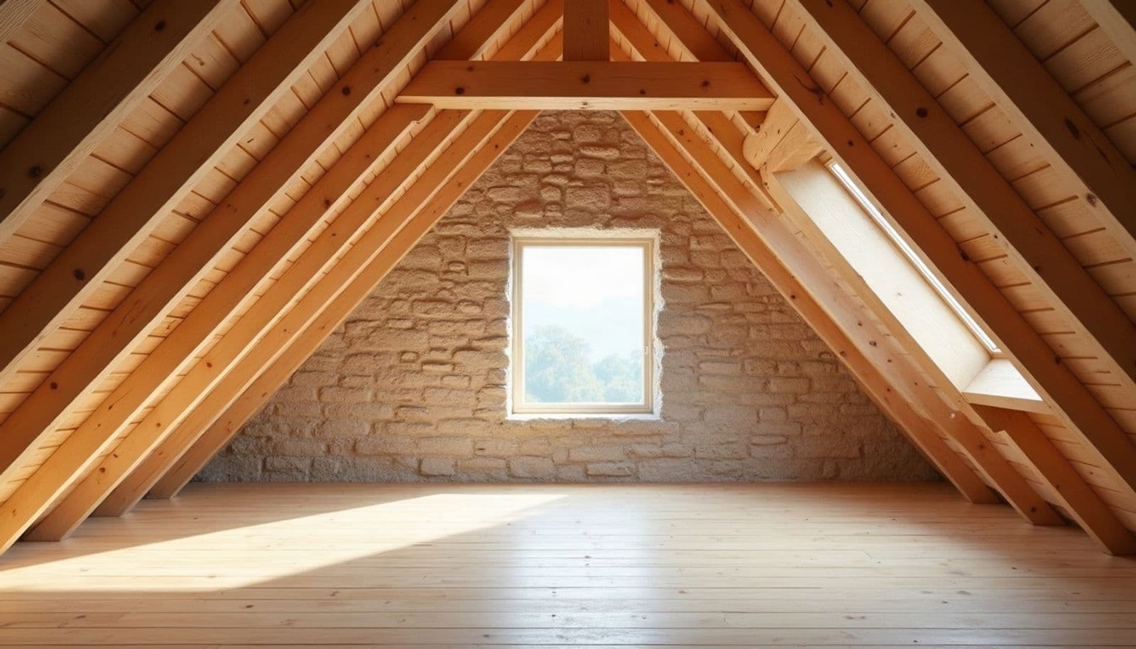 Comble d'une maison de pierre sous une charpente neuve en pin clair : chevrons réguliers, entrait haut, fenêtre de toit et plancher de bois