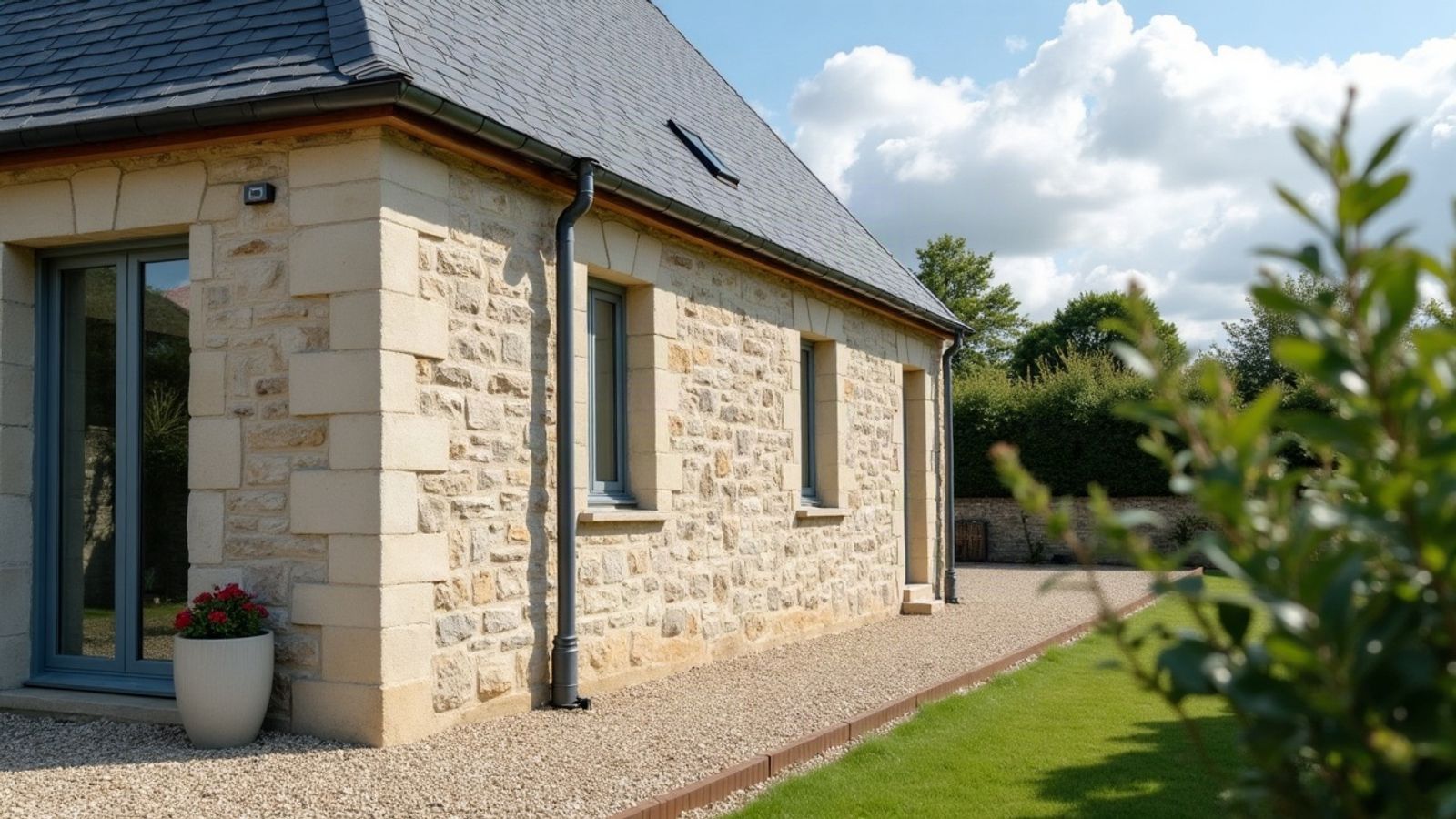 Angle d'une maison en pierre claire : gouttière sous le toit d'ardoise et descente droite jusqu'à la bordure de gravier