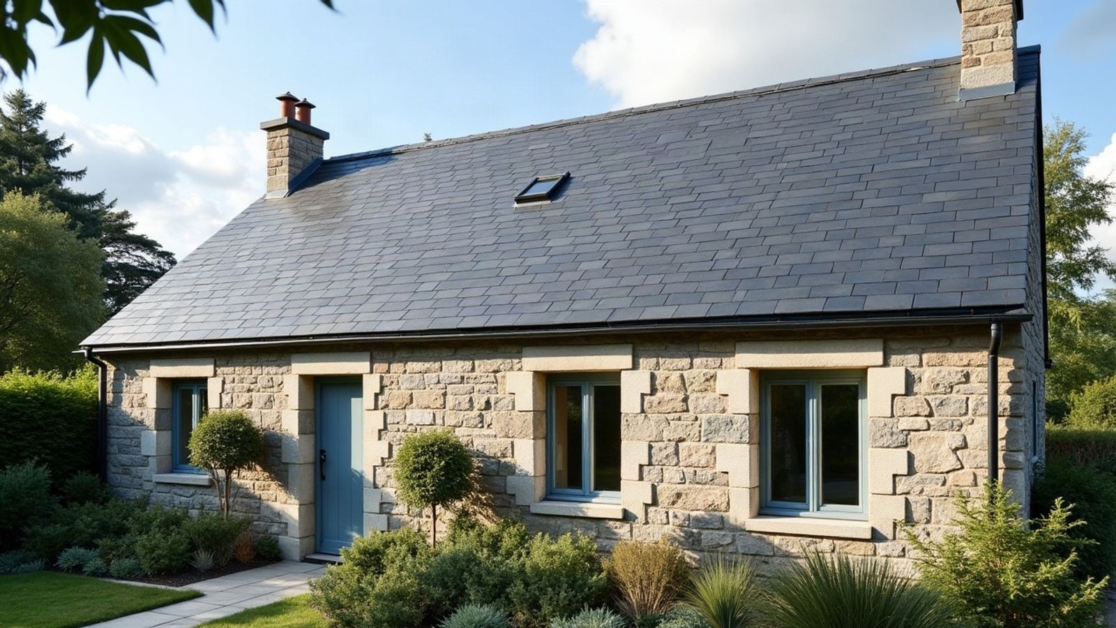 Toiture en ardoise nettoyée d'une maison en pierre, ardoises nettes au soleil et gouttière le long de l'égout