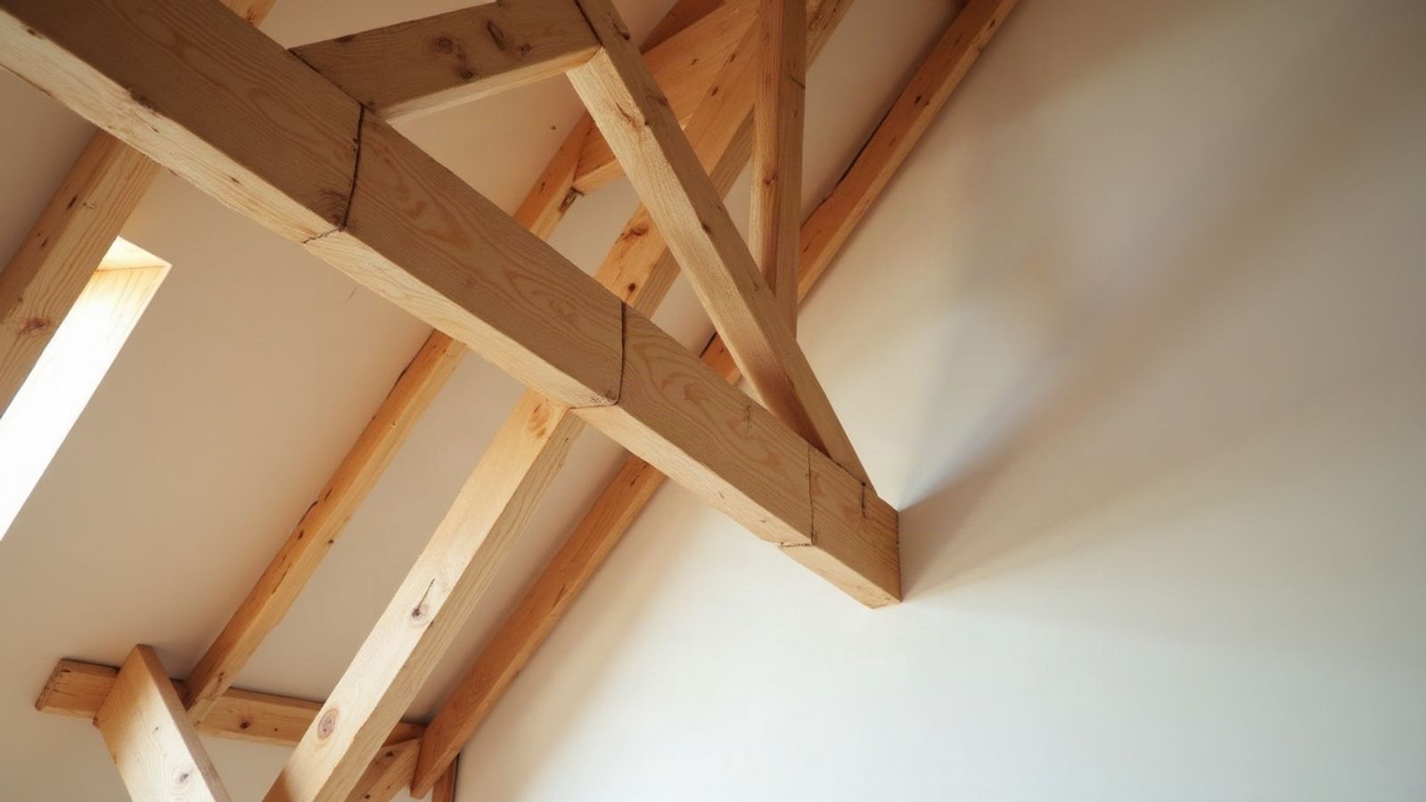 Assemblage de pièces de charpente en bois clair sous un rampant enduit de blanc