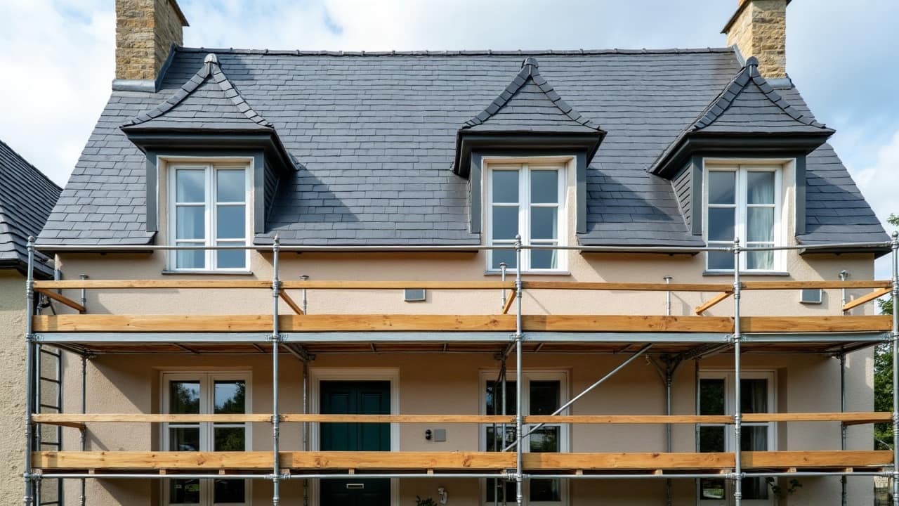 Échafaudage de façade neuf, droit et parfaitement monté le long d'une maison de ville en pierre à Laval, couverture en ardoises neuves au-dessus, rue propre et ensoleillée
