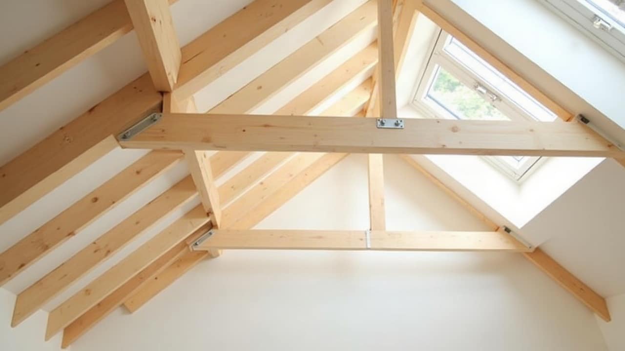 Charpentier vu de dos sondant au poinçon une poutre de chêne saine et propre dans des combles lumineux, lampe frontale allumée, outils rangés sur une planche