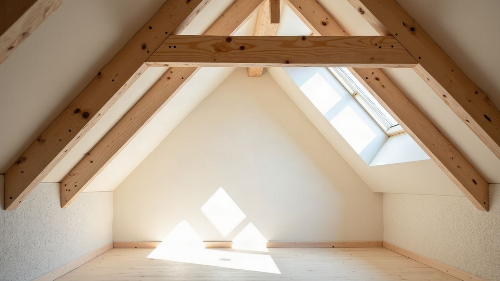 Combles clairs avec chevrons et entrait en bois neuf, lumière entrant par une fenêtre de toit