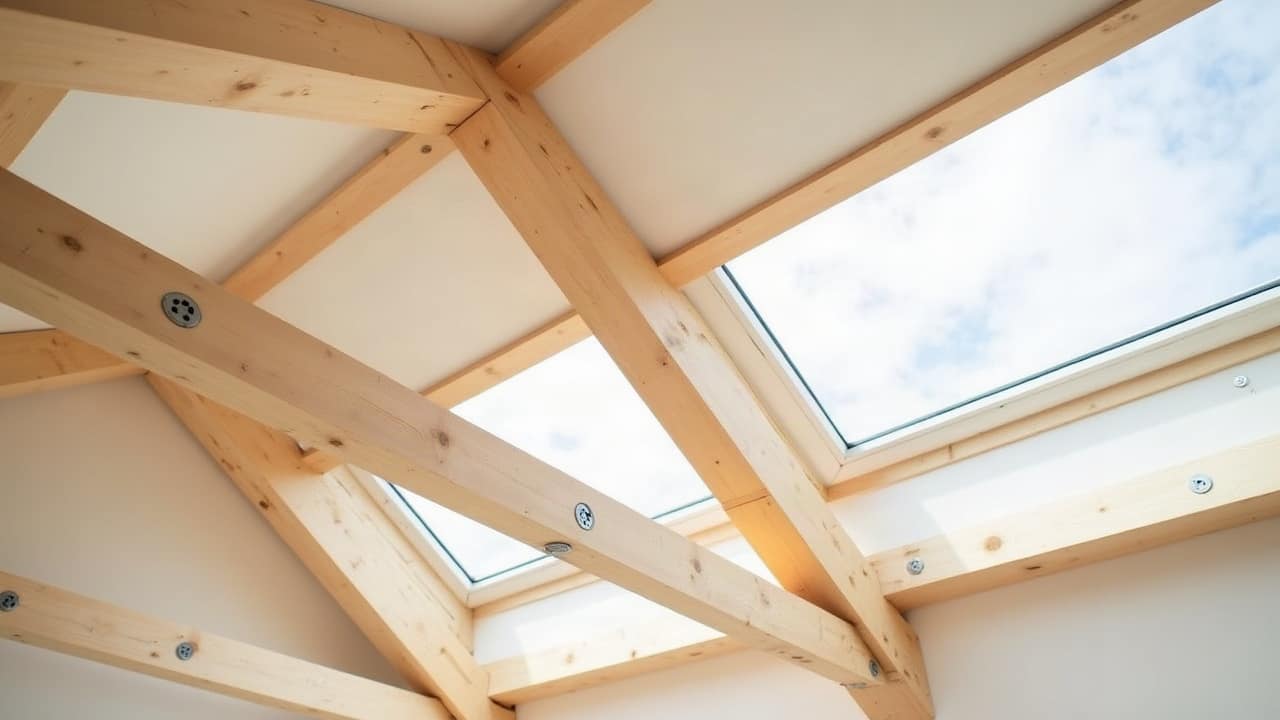 Couvreur vu de dos inspectant à la lampe des chevrons sains et un écran de sous-toiture neuf dans des combles propres et clairs, carnet fermé posé sur une poutre