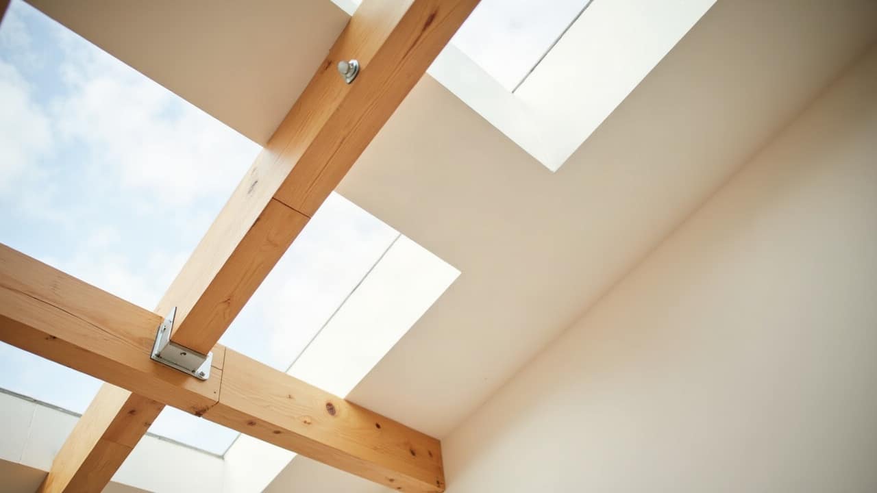 Couvreur vu de dos inspectant à la lampe un écran de sous-toiture gris neuf et bien tendu entre des chevrons propres, dans des combles clairs et rangés