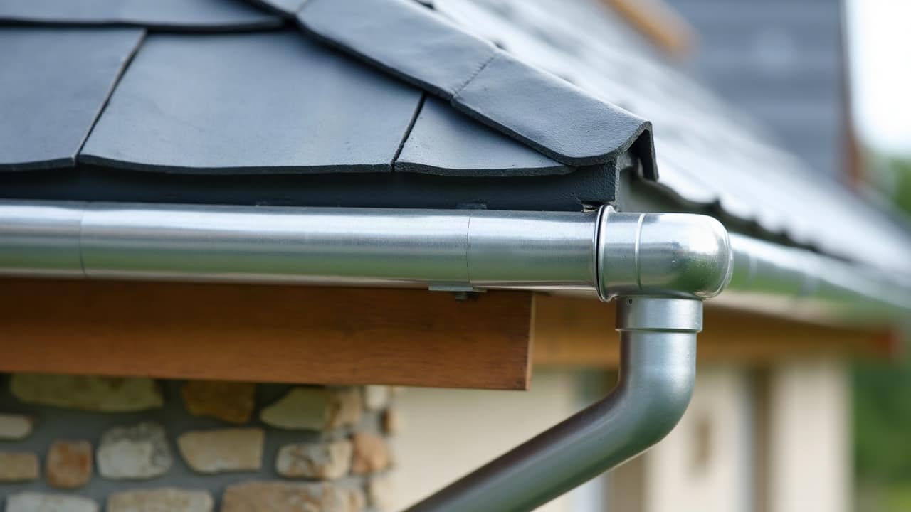 Façade de maison lavalloise en pierre avec couverture en ardoise neuve et gouttière en zinc demi-ronde impeccable, descente ronde droite, lumière douce de fin d'après-midi