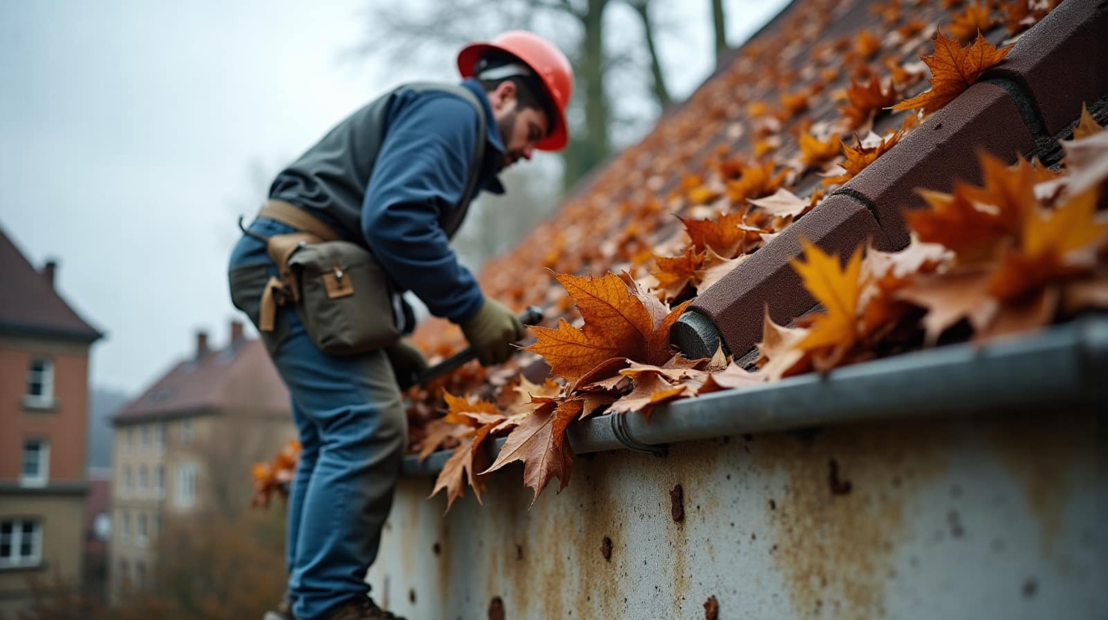 Main gantée d'un couvreur retirant une poignée de feuilles mortes accumulées dans une gouttière en zinc, geste de nettoyage au premier plan, toiture en ardoise en arrière-plan