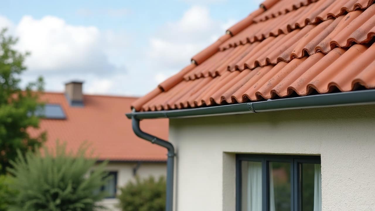 Pan de toiture en tuiles béton neuves gris anthracite, parfaitement propres et alignées, sur un pavillon récent entouré d'un jardin soigné, ciel dégagé