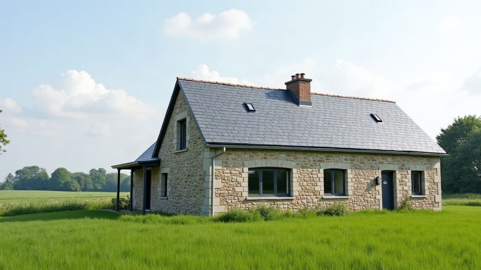 Maison rurale en pierre au toit d'ardoise neuf, seule au milieu des champs verts