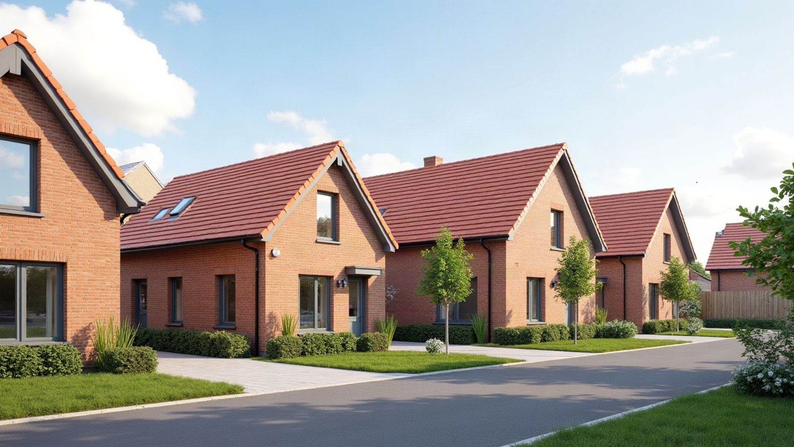 Rue de lotissement récent aux maisons couvertes de tuiles en terre cuite neuves, pelouses et jeunes arbres