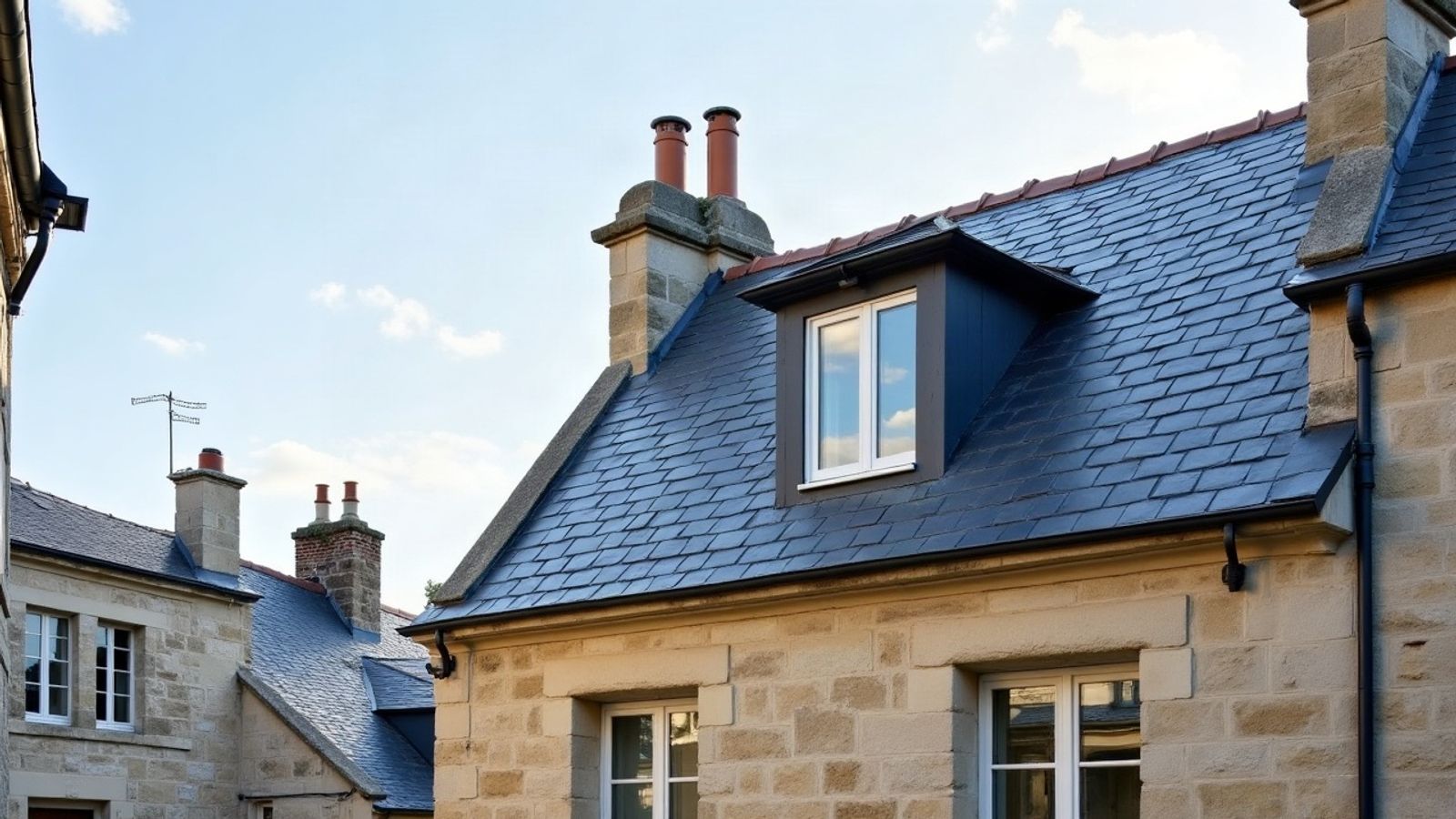 Lucarne à fenêtre blanche sur une toiture en ardoise neuve d'une maison ancienne en pierre, cheminées de brique
