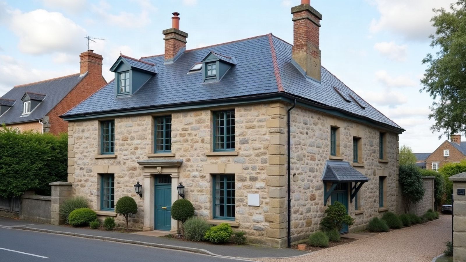 Maison de bourg en pierre à toiture en ardoise neuve, deux lucarnes et gouttières, vue depuis la rue