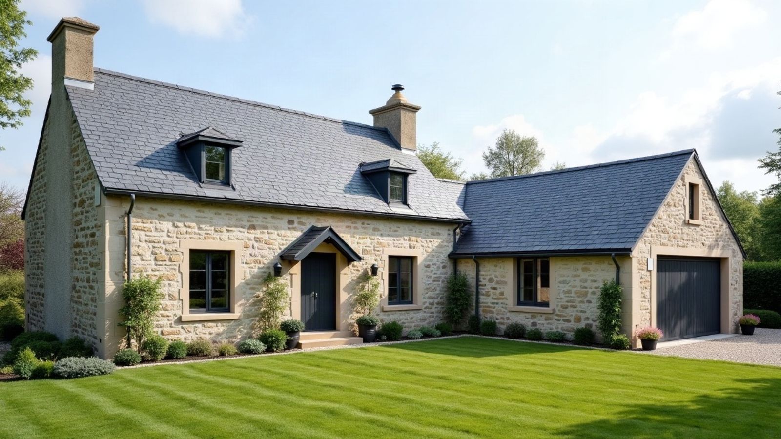 Maison en pierre et son garage, toitures en ardoise neuves, pelouse tondue devant
