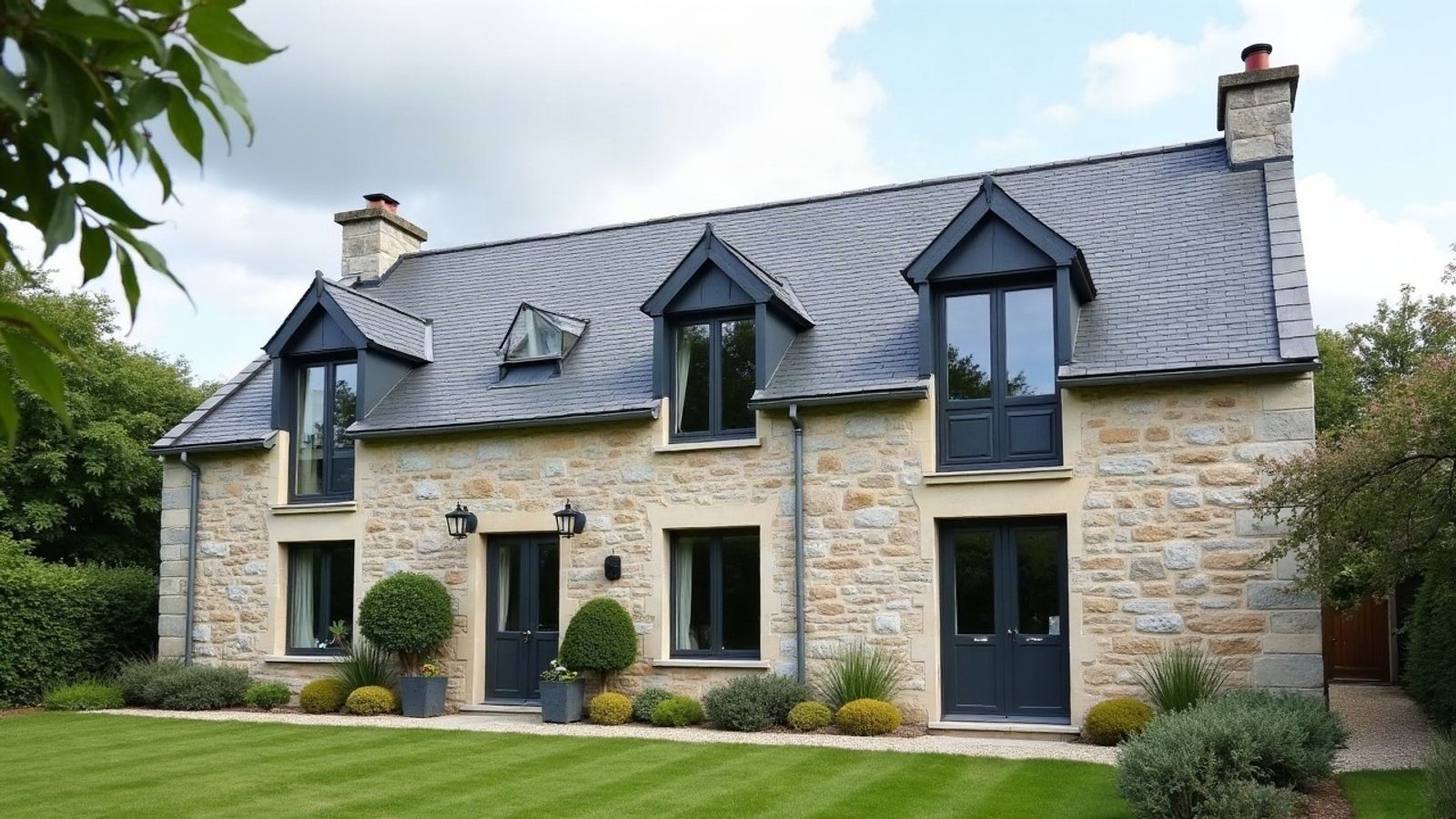 Maison ancienne en pierre avec toiture en ardoise naturelle neuve et trois lucarnes, vue depuis le jardin