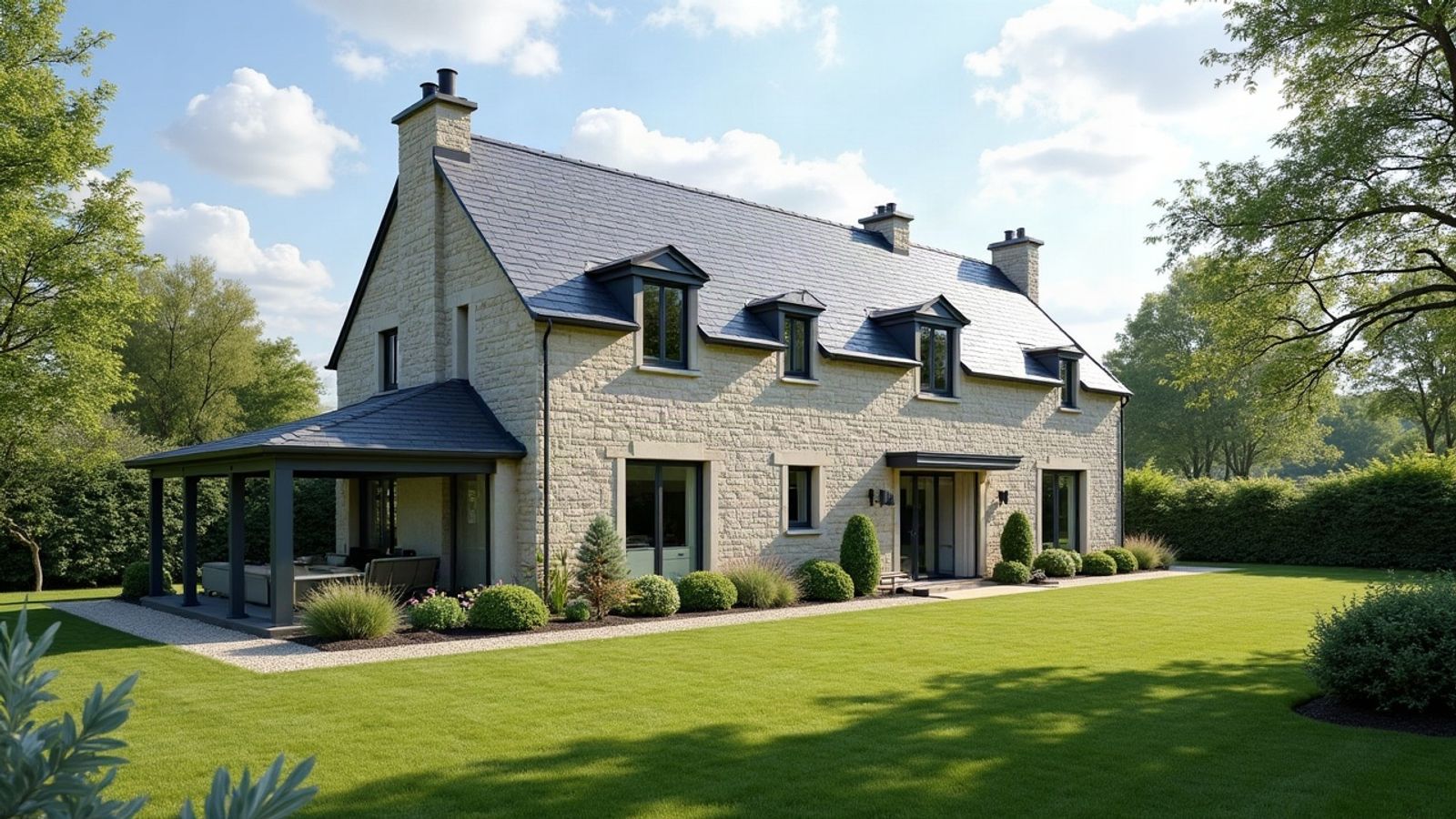 Maison en pierre à toiture en ardoise avec son extension couverte d'ardoise, jardin soigné