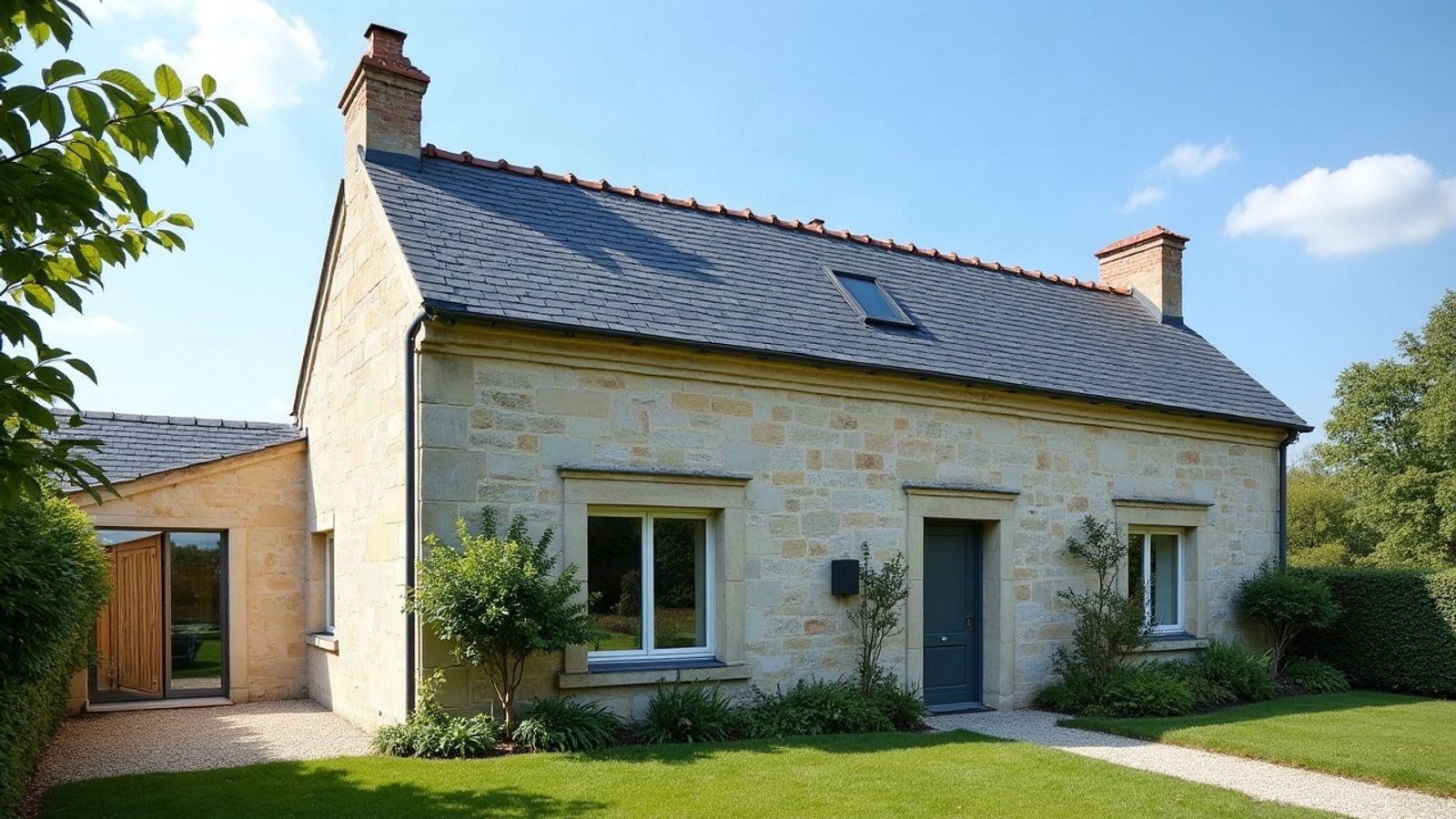 Maison en pierre claire dont le toit d'ardoise est coiffé d'un faîtage en tuiles rouges parfaitement rectiligne