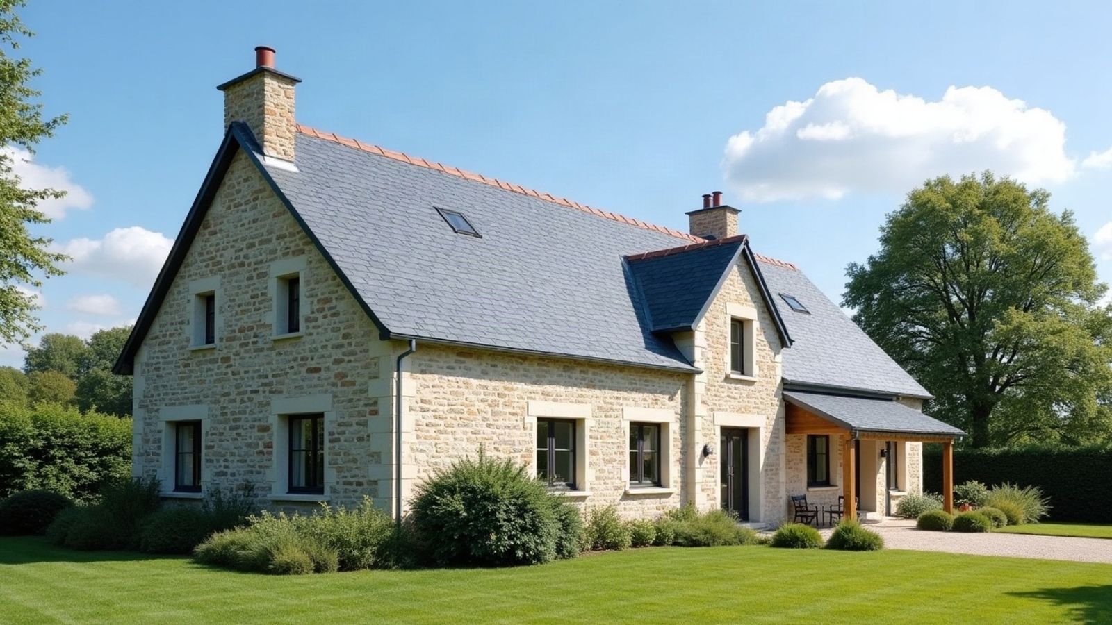 Maison en pierre claire à toiture en ardoise en bon état, faîtage, cheminées et fenêtres de toit, vue depuis le jardin