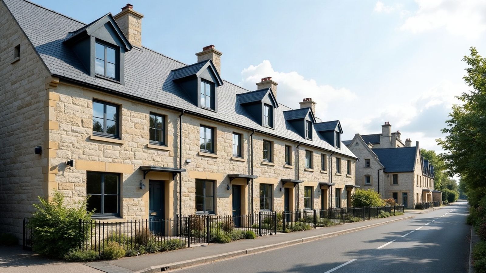 Rangée de maisons mitoyennes en pierre claire aux toitures d'ardoise neuves et lucarnes alignées, le long d'une rue calme