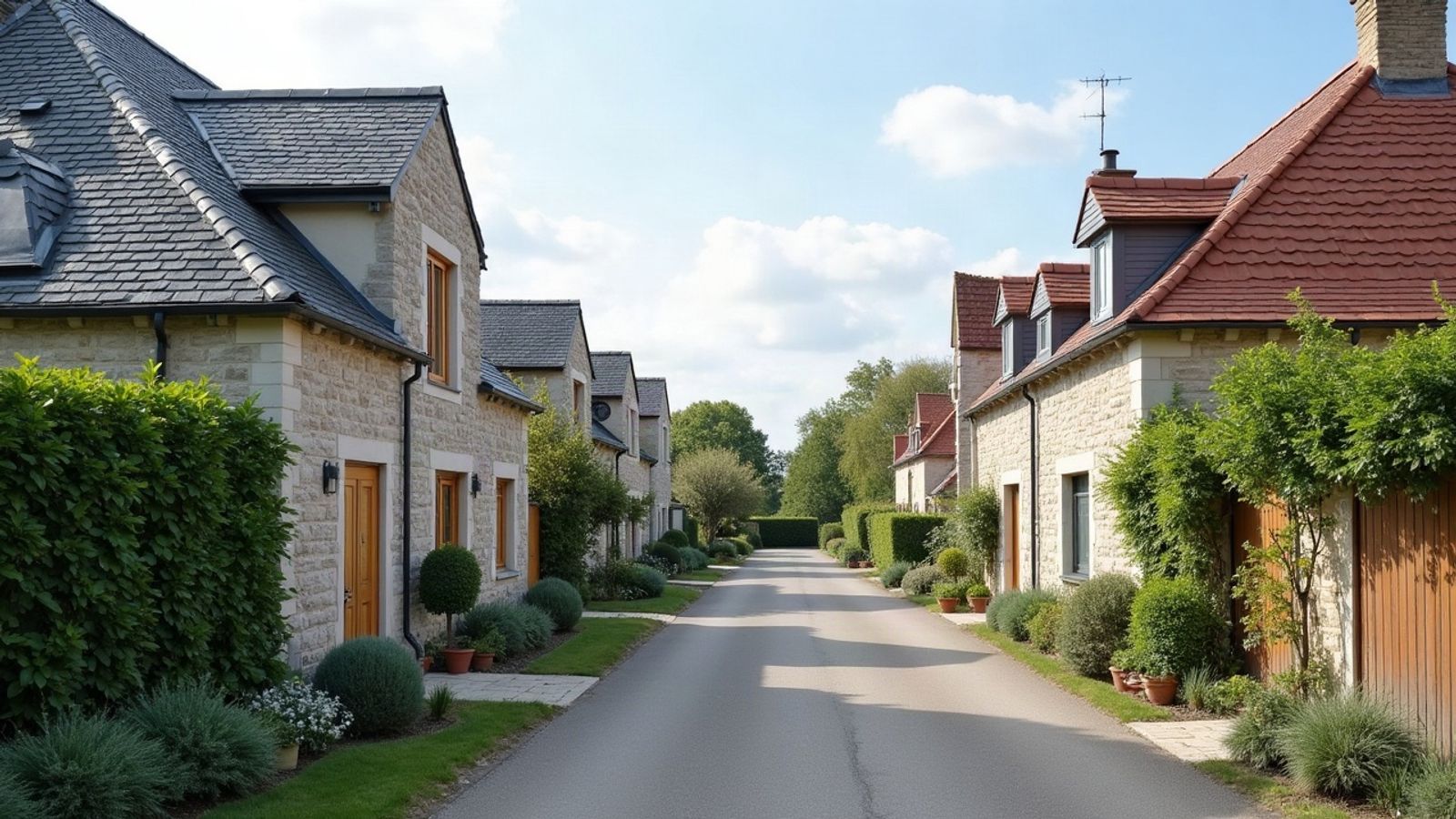 Rue calme en bord de bourg : maisons en pierre couvertes d'ardoise d'un côté, maisons couvertes de tuiles de l'autre