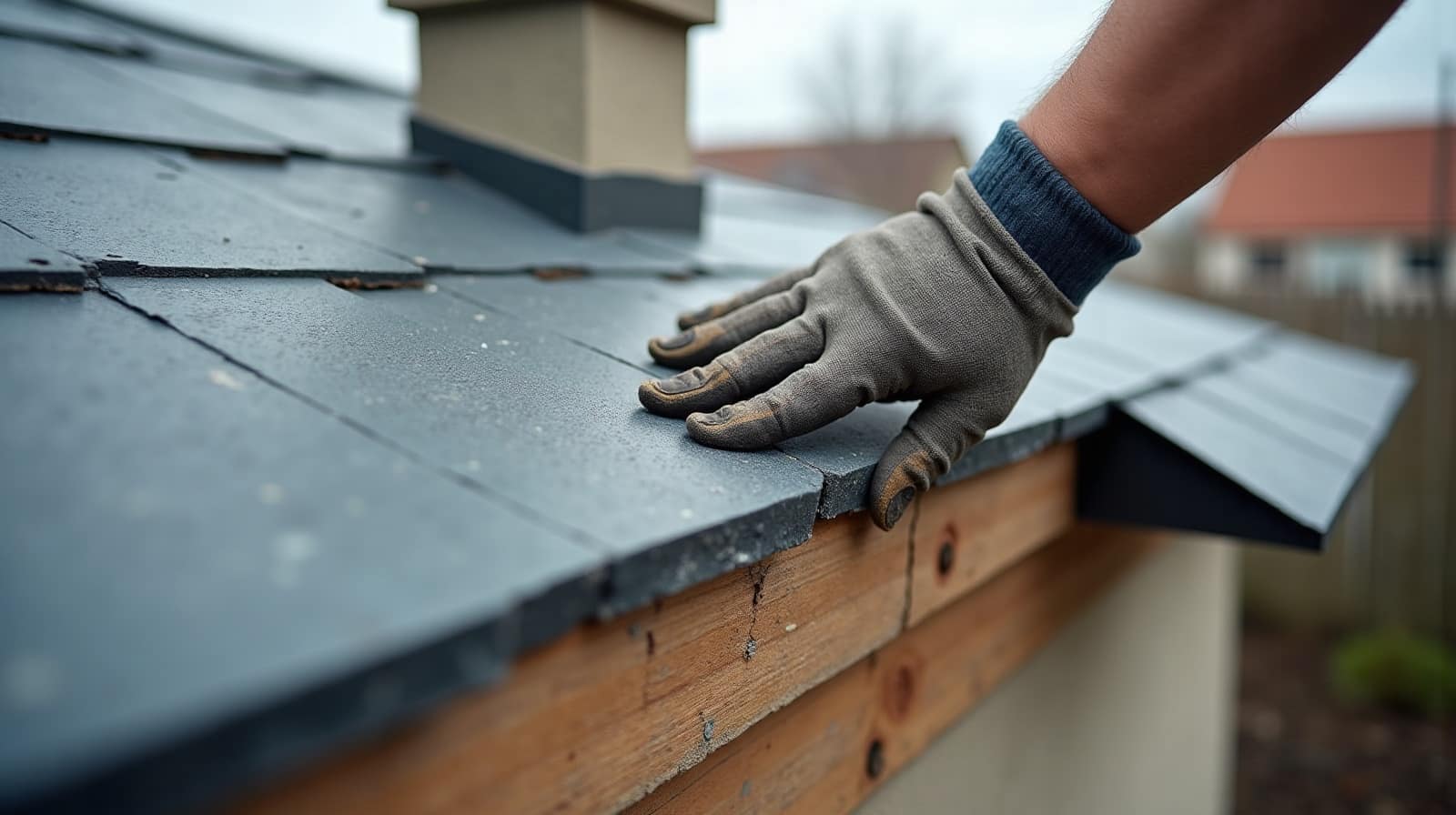 Gros plan sur les mains d'un couvreur posant une ardoise grise sur un toit, toutes les pièces de couverture visibles sont grises, plates et rectangulaires comme de l'ardoise, aucune tuile orange en terre cuite, aucune tuile canal