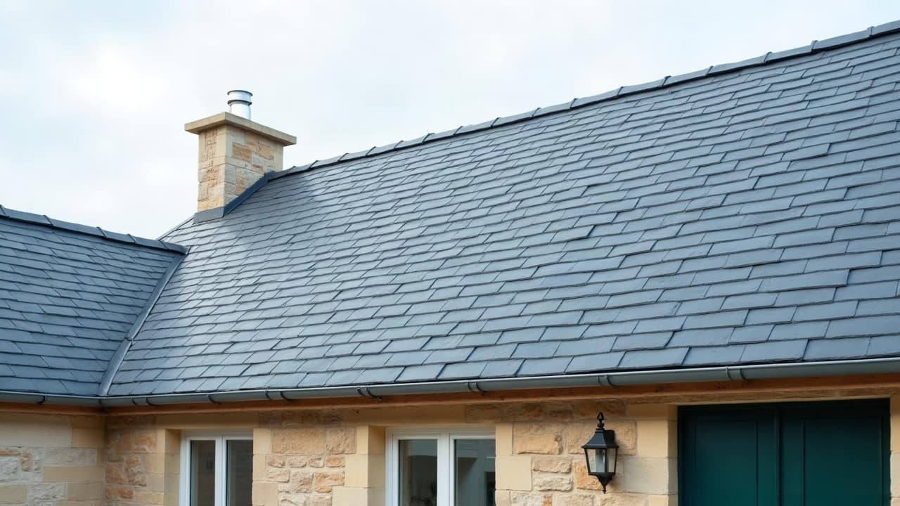 Couvreur vu de dos, harnais ajusté, contrôlant une rangée d'ardoises neuves parfaitement alignées sur un toit de maison en pierre, par une matinée de printemps claire