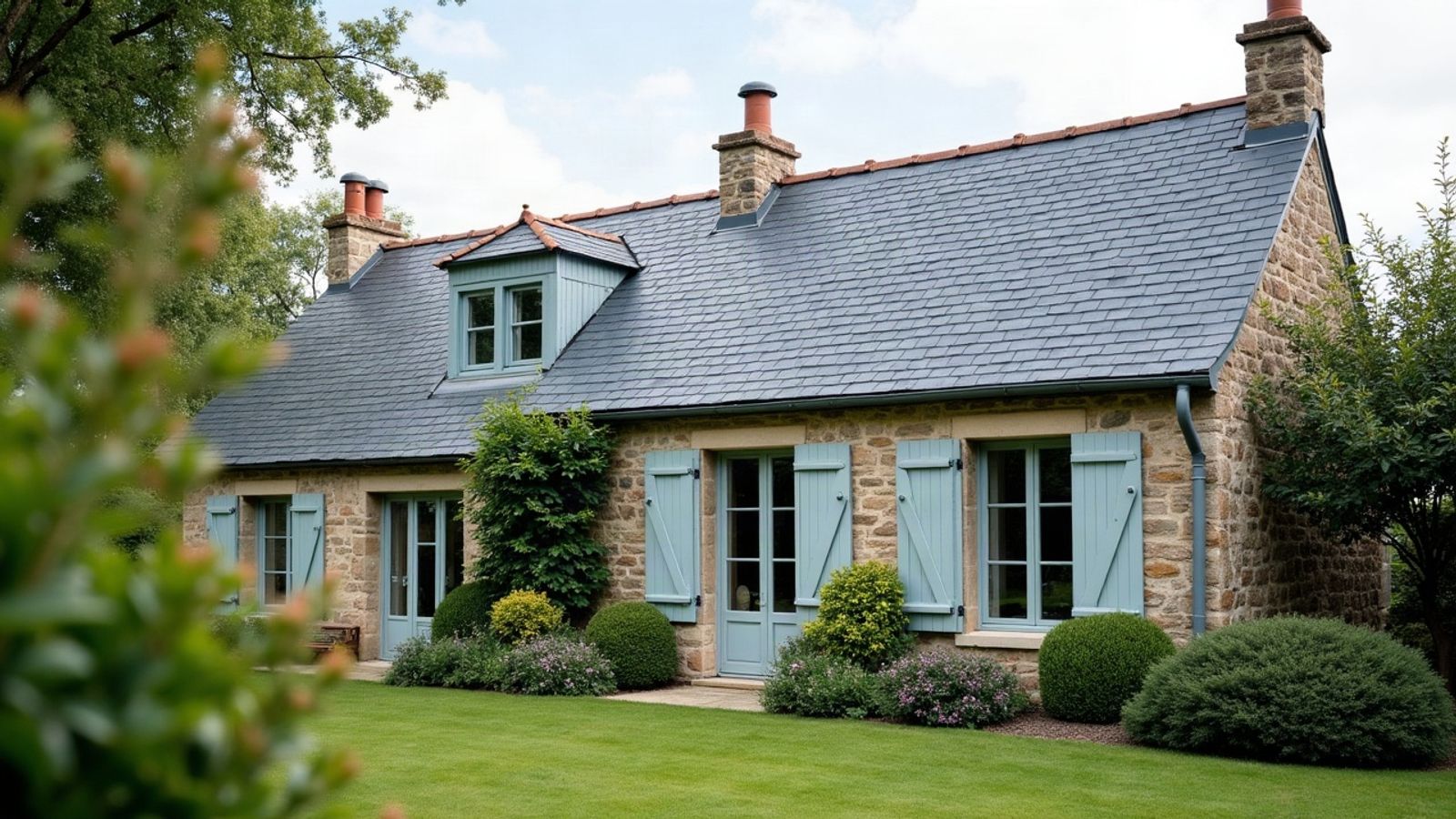 Maison en pierre aux volets bleu clair, toiture en ardoise nette avec lucarne, vue depuis un jardin fleuri