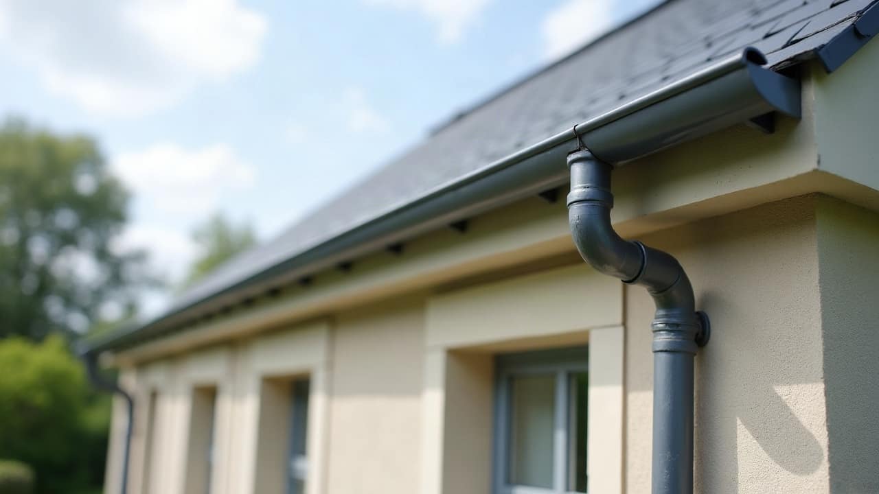 Pavillon contemporain couvert d'ardoises naturelles neuves bleu-gris aux rangs impeccables, faîtage net et gouttière en zinc, pelouse fraîchement tondue au premier plan