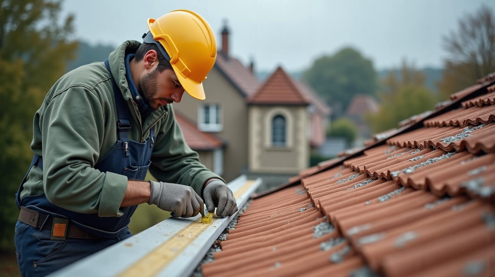 Couvreur mesurant une longueur de toiture en ardoise au mètre ruban, geste de mesure au premier plan, aucun document visible