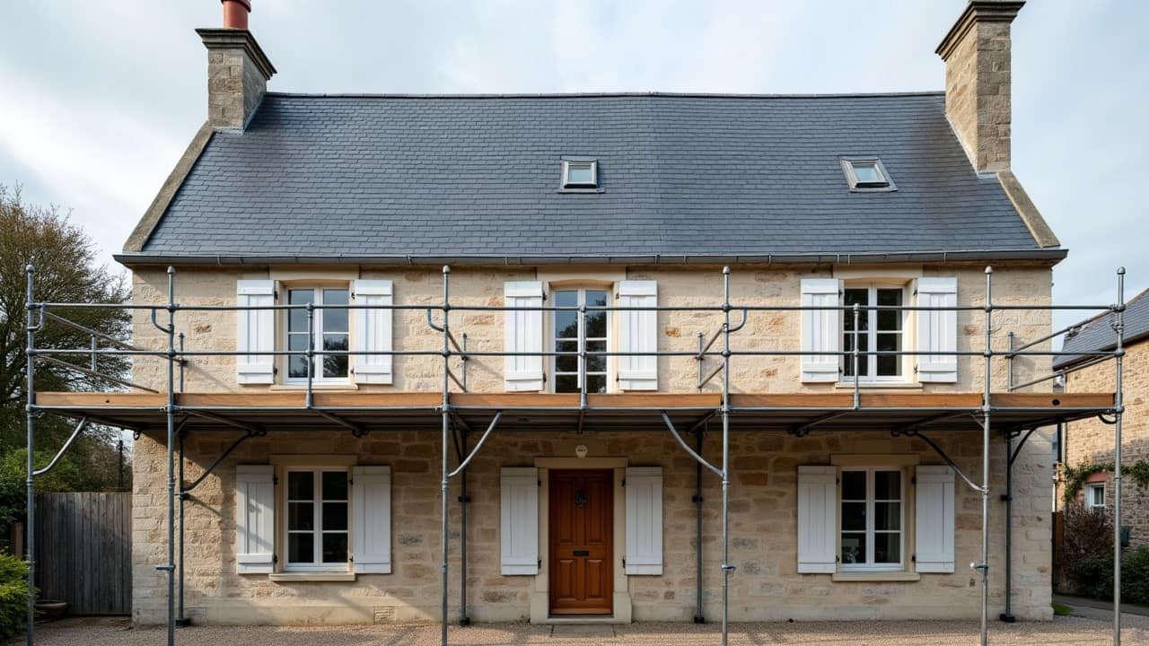 Couvreur vu de dos posant la dernière ardoise d'un versant neuf sur une maison ancienne en pierre, rangs réguliers, échafaudage propre, ciel dégagé