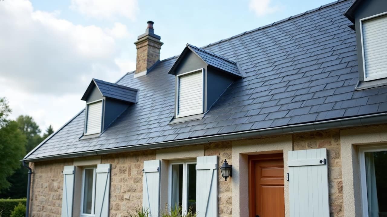 Couvreur vu de profil posant une faîtière en ardoise sur un closoir ventilé neuf, au sommet d'une toiture en ardoises neuves parfaitement alignées, harnais bien ajusté