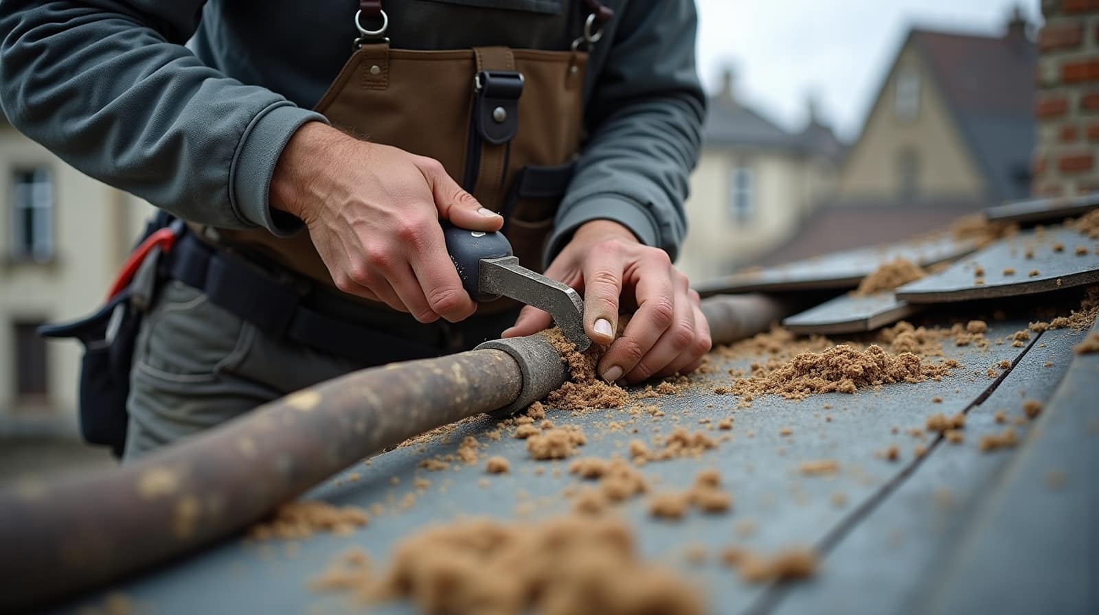 Mains gantées d'un couvreur zingueur travaillant une jonction de gouttière en cuivre à l'outil, geste de façonnage au premier plan